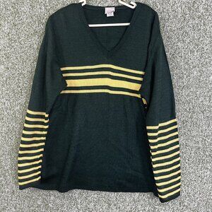 Fiorlini Sweater Women 16 Green V Neck Yellow Stripes Ribbed Knit Relaxed Casual
